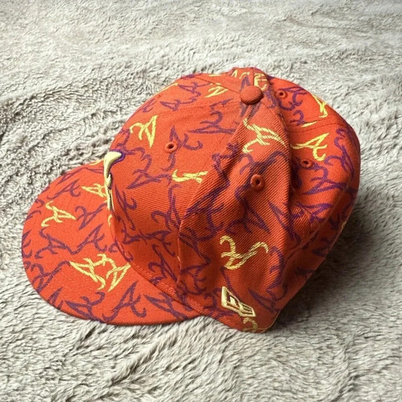 Atlanta Braves Hat New Era 59Fifty All Over Print Baseball Cap Orange 7 3/4 New - Picture 3 of 16